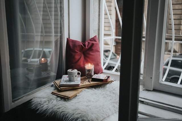 Cozy window nook inside a home.